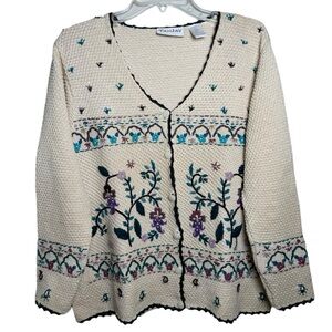 Vintage Floral Embroidered Waffle Knit Cardigan Size Small Cream 80s 90s Cottage